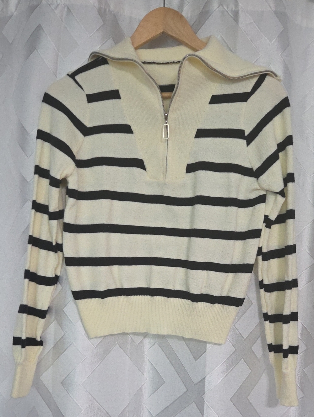 Striped Cream and Black V-Neck Quarter-Zip Sweater